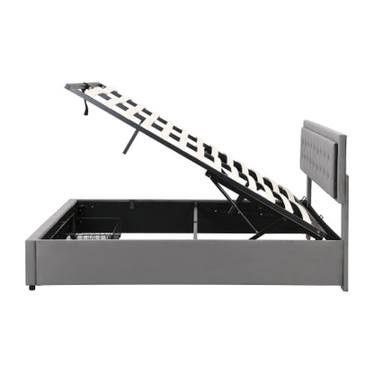 King Size Upholstered Bed 150 x 200 cm – Grey PU Bed with LED Lights, USB Charging & Storage