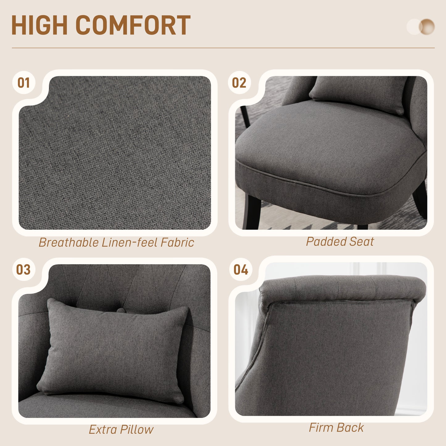 Retro Charcoal Grey Accent Chair with Wooden Legs & Button Tufting – Linen Fabric Armchair