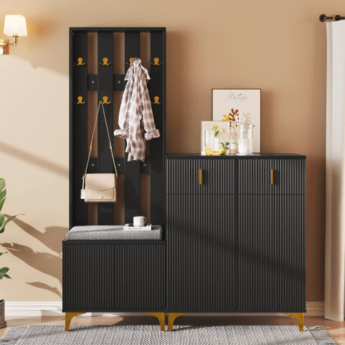 Hallway Wardrobe Set with Shoe Bench & Coat Rack – Storage Cabinet with Cushion (White/Black)