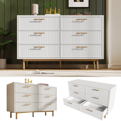 Modern White Sideboard Cabinet – 6 Drawer Chest with Gold Handles & Ribbed Design (120cm)