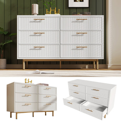 Modern White Sideboard Cabinet – 6 Drawer Chest with Gold Handles & Ribbed Design (120cm)