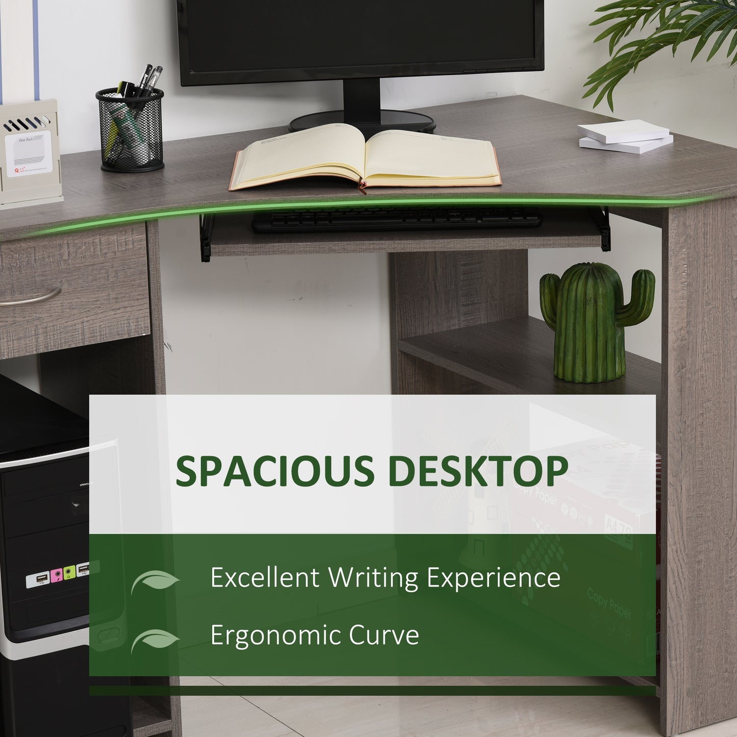 Modern Grey L-Shaped Corner Desk with Storage Shelves & Keyboard Tray (120cm)