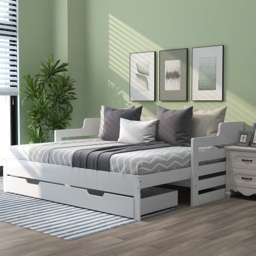 Wooden Daybed with Trundle & Storage Drawer – 3FT Single Guest Bed Sofa Bed (90 x 190 cm, White)