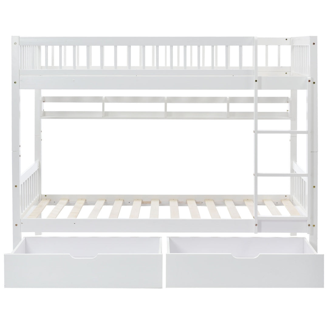 White Wooden Bunk Bed with Storage Drawer & Shelf – 3FT Single Solid Pine Frame (90x190cm)
