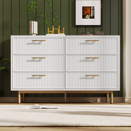 Modern White Sideboard Cabinet – 6 Drawer Chest with Gold Handles & Ribbed Design (120cm)