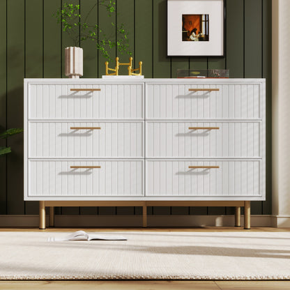 Modern White Sideboard Cabinet – 6 Drawer Chest with Gold Handles & Ribbed Design (120cm)