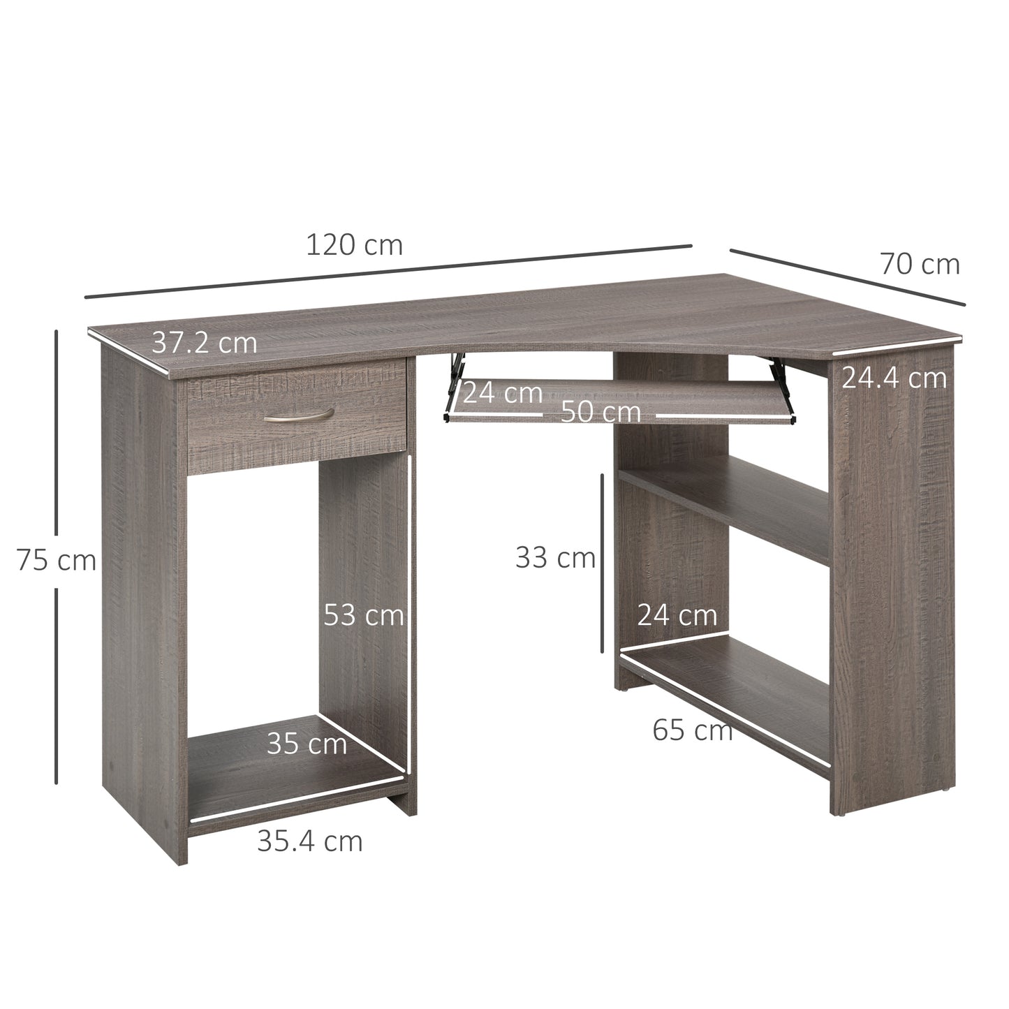 Modern Grey L-Shaped Corner Desk with Storage Shelves & Keyboard Tray (120cm)