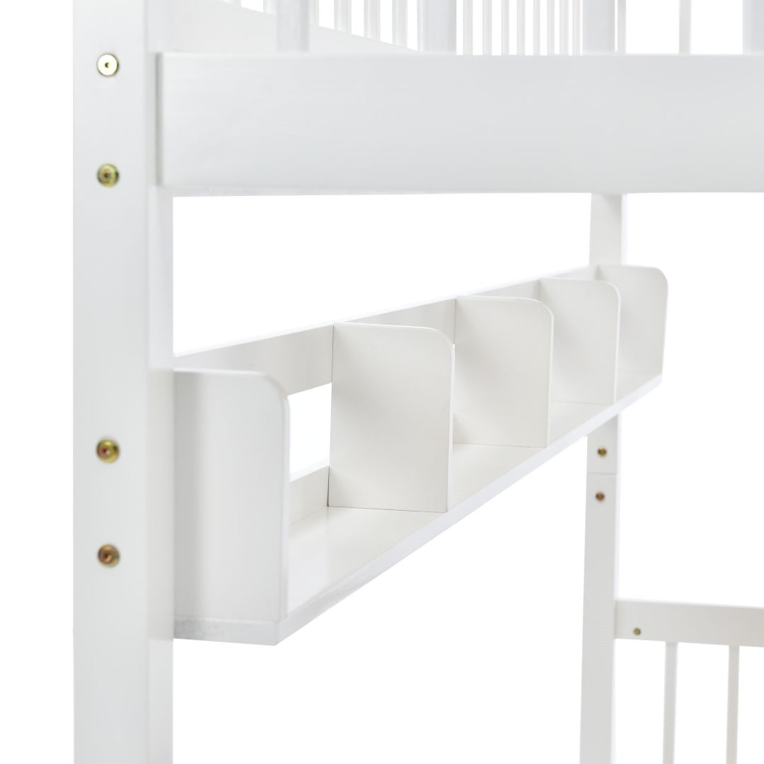 White Wooden Bunk Bed with Storage Drawer & Shelf – 3FT Single Solid Pine Frame (90x190cm)