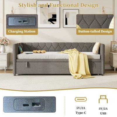 Upholstered Daybed with Trundle & Charging Station – 3ft Single Sofa Bed with USB & Type-C