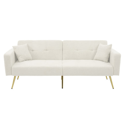 2 Seater Sherpa Sofa Bed with Adjustable Backrest &amp; Gold Legs – Convertible Sleeper Sofa with Storage Pockets