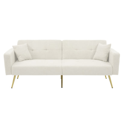 2 Seater Sherpa Sofa Bed with Adjustable Backrest &amp; Gold Legs – Convertible Sleeper Sofa with Storage Pockets