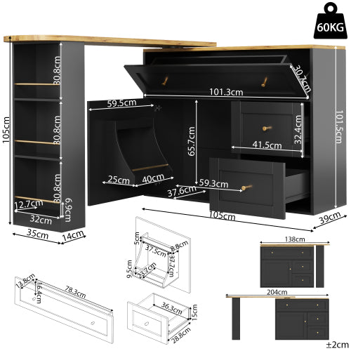 Extendable Bar Table with Storage – Black Kitchen Island & High Table (138–204cm)
