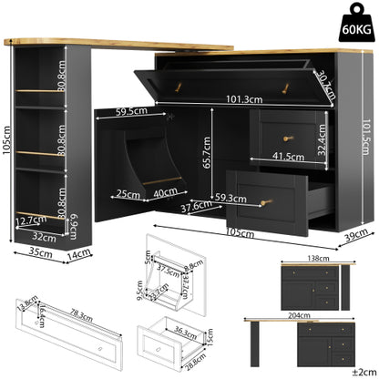 Extendable Bar Table with Storage – Black Kitchen Island & High Table (138–204cm)