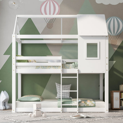White Wooden Bunk Bed for Kids – 3FT Single Cabin Bed with Ladder & Treehouse Design