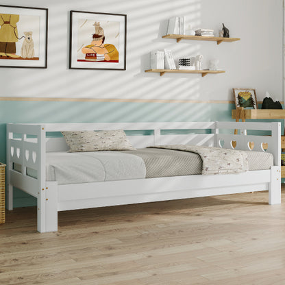 White Heart-Detail Wooden Daybed with Trundle – 3ft Single Sofa Bed (90x190cm)