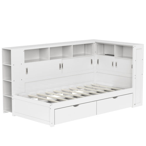 Single Platform Bed with Trundle, Storage & USB – White Wooden Bed with Bookcase (90x190cm)