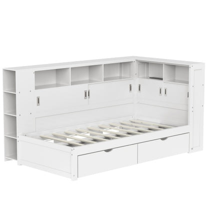 Single Platform Bed with Trundle, Storage & USB – White Wooden Bed with Bookcase (90x190cm)