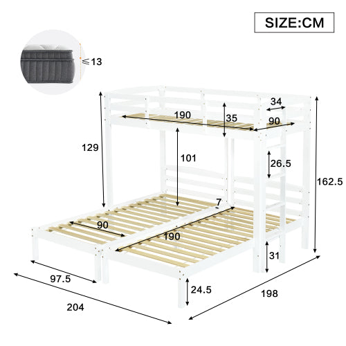 Triple Sleeper Bunk Bed for Kids & Teens – 3FT Solid Wood Frame with Ladder (White)