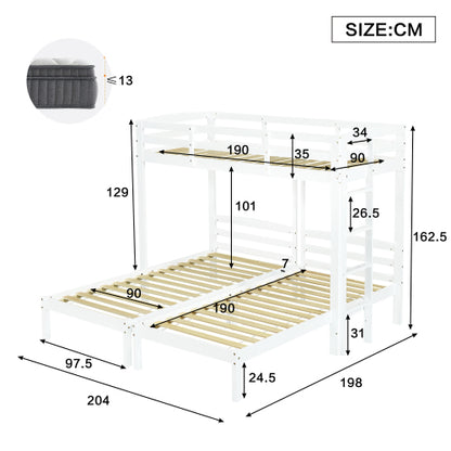 Triple Sleeper Bunk Bed for Kids & Teens – 3FT Solid Wood Frame with Ladder (White)