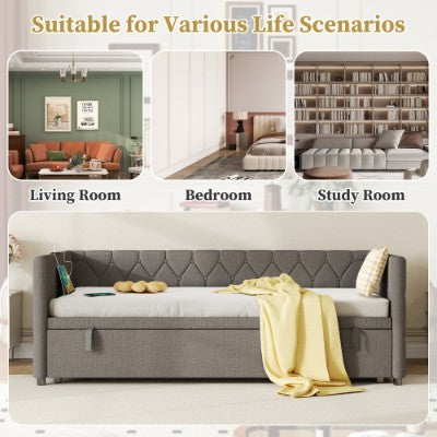 Upholstered Daybed with Trundle & Charging Station – 3ft Single Sofa Bed with USB & Type-C