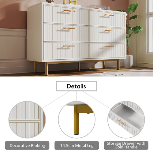 Modern White Sideboard Cabinet – 6 Drawer Chest with Gold Handles & Ribbed Design (120cm)