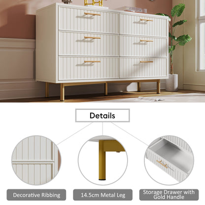 Modern White Sideboard Cabinet – 6 Drawer Chest with Gold Handles & Ribbed Design (120cm)