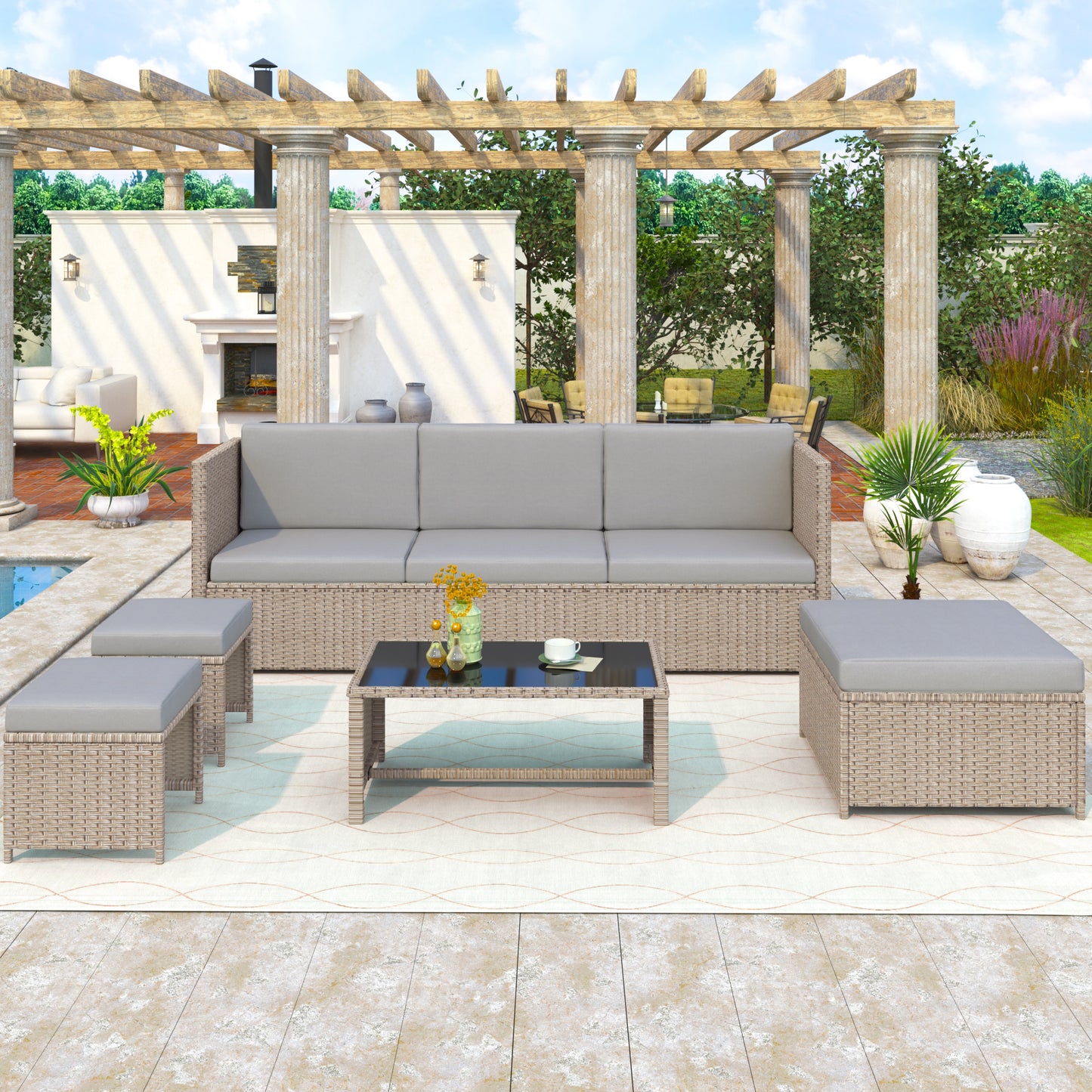 4–6 Seater Rattan Garden Lounge Set – Outdoor Patio Sofa Set with Table & Cushions (Khaki)