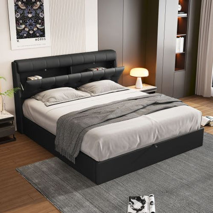 Double Upholstered Ottoman Bed 135 x 190 cm – Hydraulic Storage Bed with Hidden Headboard Storage (Black/Cream White)