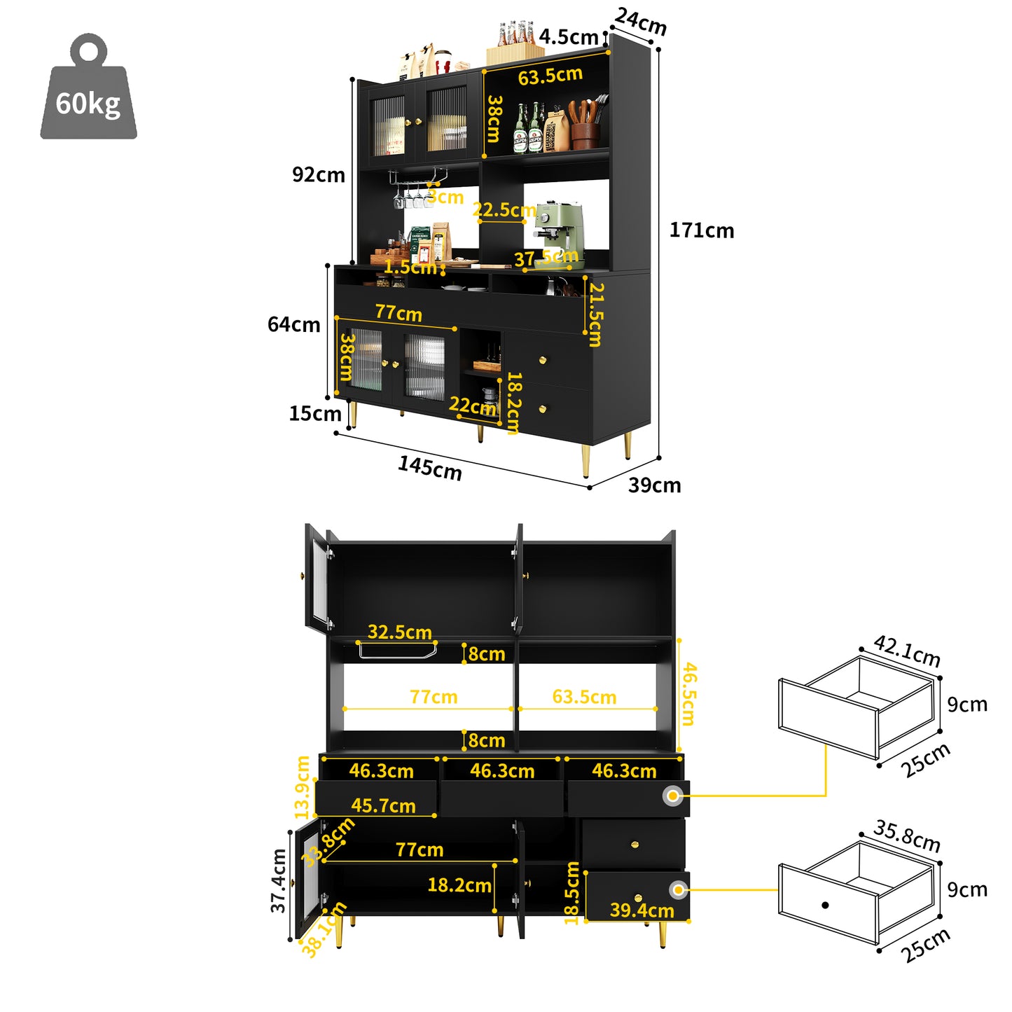Modern Black Storage Cabinet with Glass Doors & Wine Rack – Large Sideboard Unit (145cm)