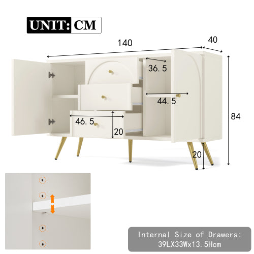 Cream White Sideboard Cabinet with 2 Doors & 3 Drawers – Modern Storage Unit (140cm)