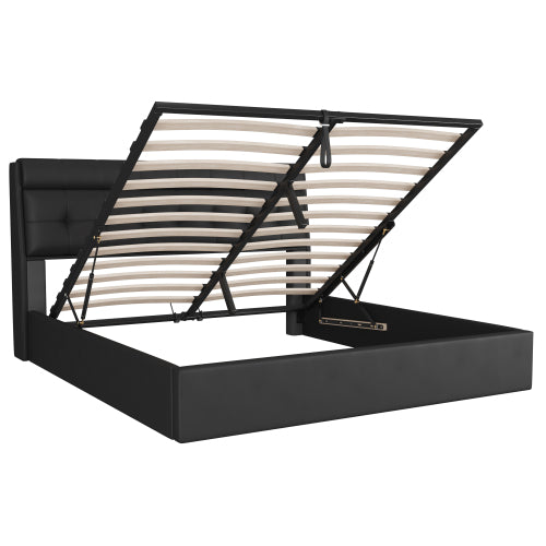 Double Upholstered Ottoman Bed 135 x 190 cm – Hydraulic Storage Bed with Hidden Headboard Storage (Black/Cream White)