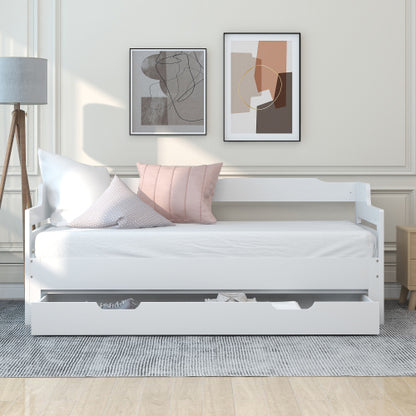 Wooden Daybed with Trundle & Storage Drawer – 3FT Single Guest Bed Sofa Bed (90 x 190 cm, White)