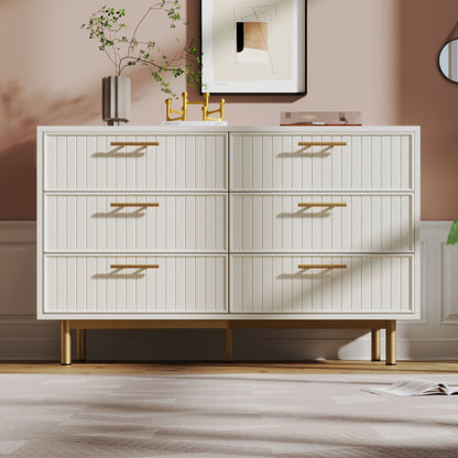 Modern White Sideboard Cabinet – 6 Drawer Chest with Gold Handles & Ribbed Design (120cm)
