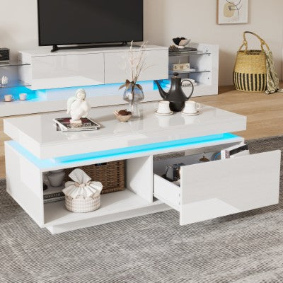 White High Gloss LED Coffee Table with Drawer & Storage Shelf – Modern Centre Table (100cm)