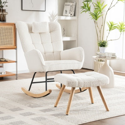 White Fabric Rocking Chair With Footstall