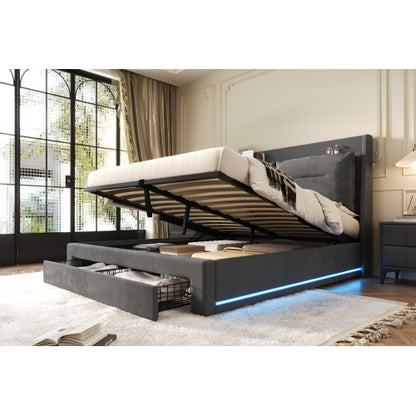 Dark Grey Velvet Upholstered Double Bed with Storage, LED Lights & Drawers – 4ft6 (135x190cm)