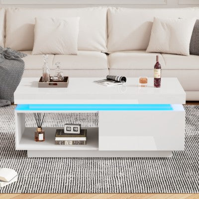 White High Gloss LED Coffee Table with Drawer & Storage Shelf – Modern Centre Table (100cm)