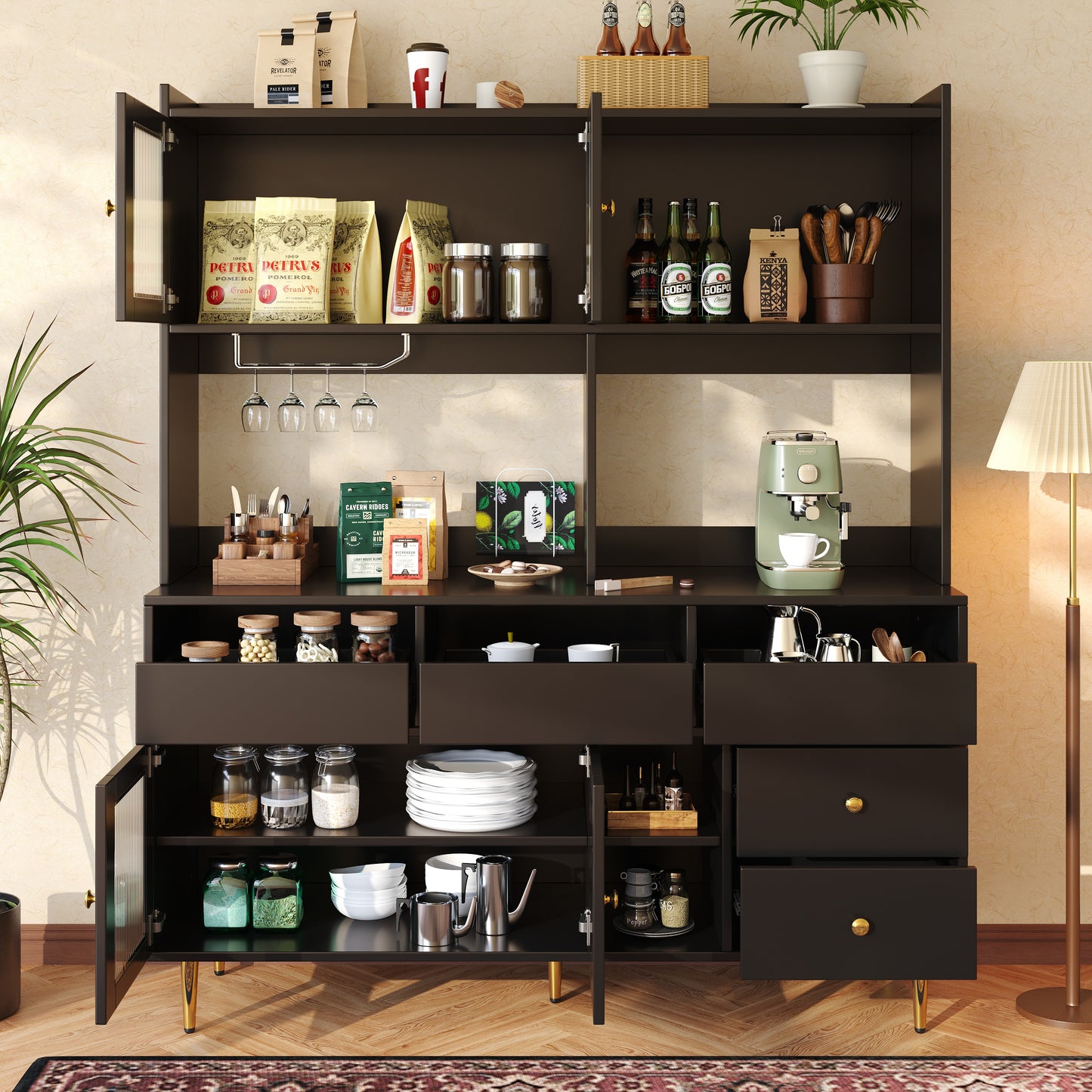 Modern Black Storage Cabinet with Glass Doors & Wine Rack – Large Sideboard Unit (145cm)