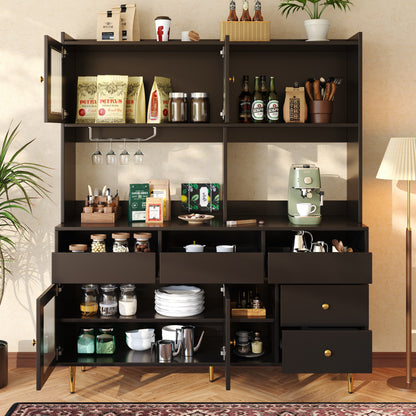 Modern Black Storage Cabinet with Glass Doors & Wine Rack – Large Sideboard Unit (145cm)