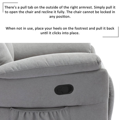 Grey Fabric Recliner Chair for Elderly – Adjustable Armchair with Footrest & Side Pocket