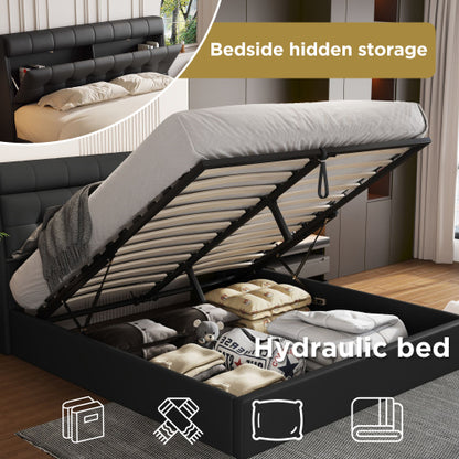 Double Upholstered Ottoman Bed 135 x 190 cm – Hydraulic Storage Bed with Hidden Headboard Storage (Black/Cream White)