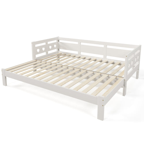 White Heart-Detail Wooden Daybed with Trundle – 3ft Single Sofa Bed (90x190cm)