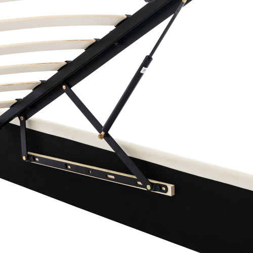 Double Upholstered Ottoman Bed 135 x 190 cm – Hydraulic Storage Bed with Hidden Headboard Storage (Black/Cream White)