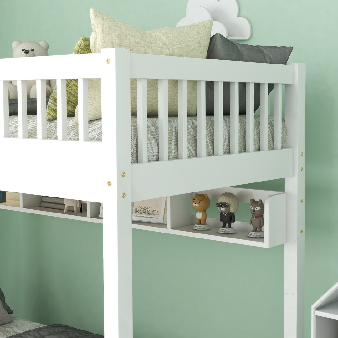 White Wooden Bunk Bed with Storage Drawer & Shelf – 3FT Single Solid Pine Frame (90x190cm)