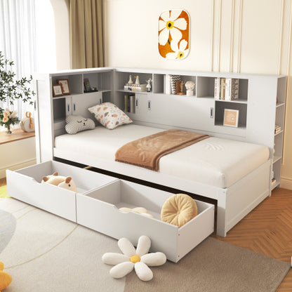 Single Platform Bed with Trundle, Storage & USB – White Wooden Bed with Bookcase (90x190cm)