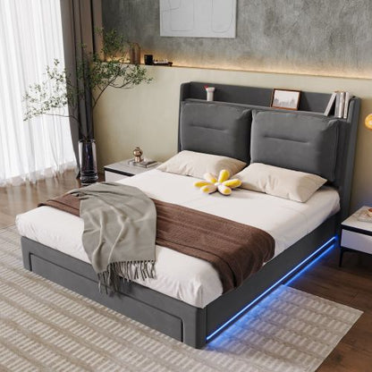 Dark Grey Velvet Upholstered Double Bed with Storage, LED Lights & Drawers – 4ft6 (135x190cm)