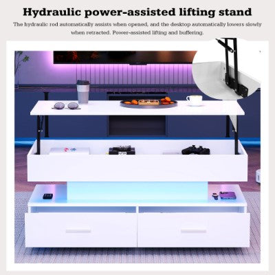 White Hydraulic LED Lift Top Coffee Table