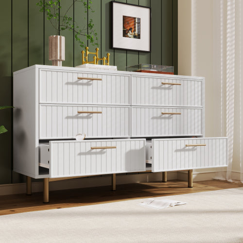 Modern White Sideboard Cabinet – 6 Drawer Chest with Gold Handles & Ribbed Design (120cm)