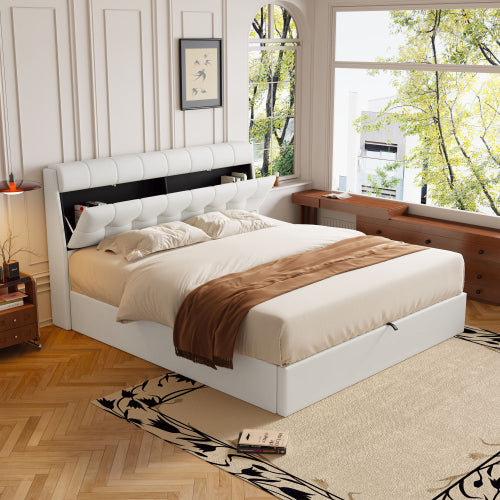 Double Upholstered Ottoman Bed 135 x 190 cm – Hydraulic Storage Bed with Hidden Headboard Storage (Black/Cream White)