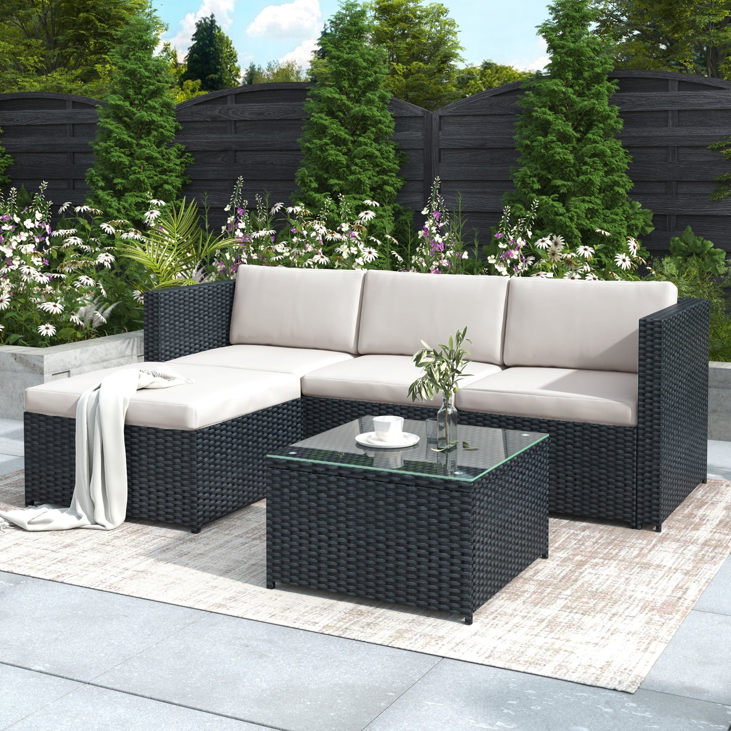 Black Rattan Corner Sofa Set 3pc